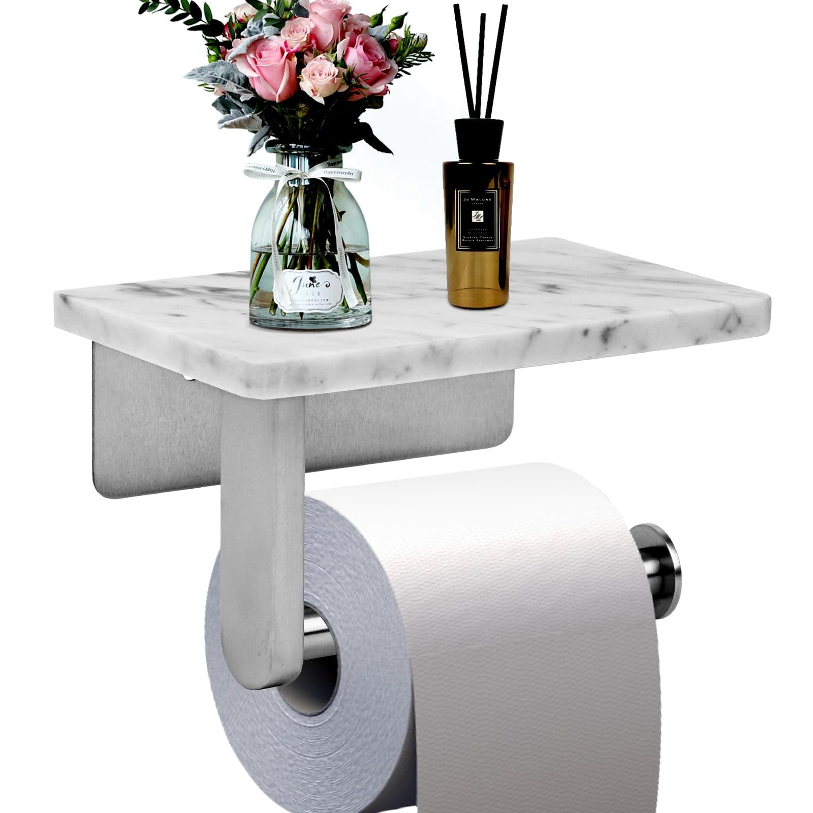 Brushed Nickel Natural Marble Toilet Paper Holder, Wall Mounted for Bathroom Washroom