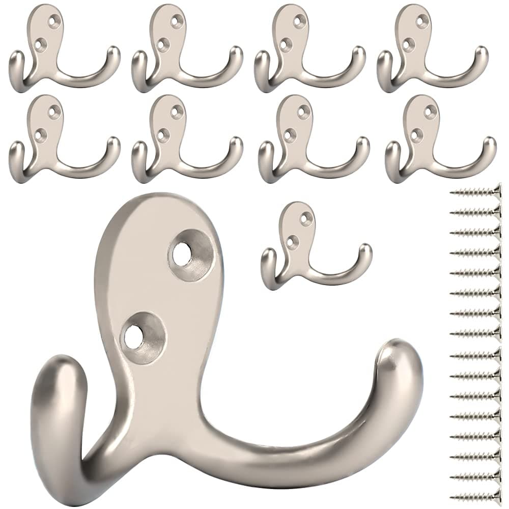 IBosins 10-Pack Heavy Duty Double Prong Wall Hooks with Screws for Coats, Scarves, Bags, Towels, Keys, Caps, and Hats