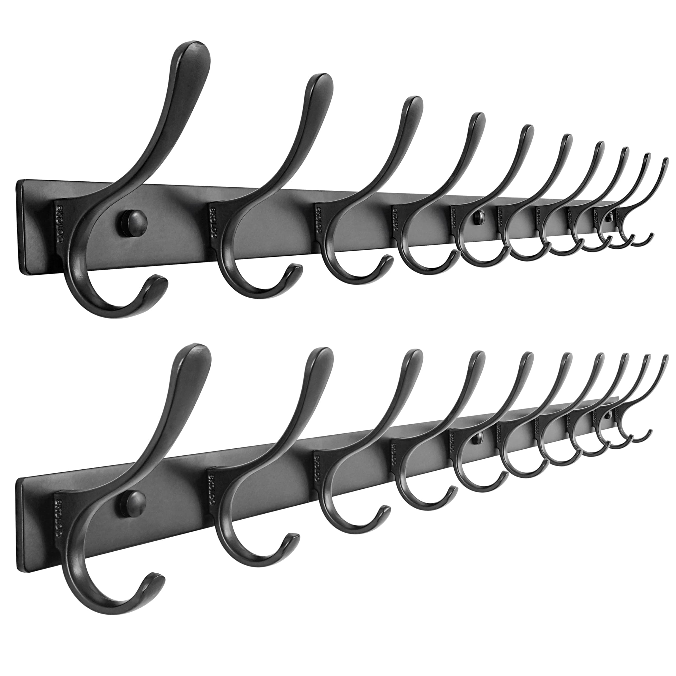 SKOLOO Heavy Duty Wall Coat Rack, 10 Hooks, Sturdy Stainless Steel, Black Pack of 2