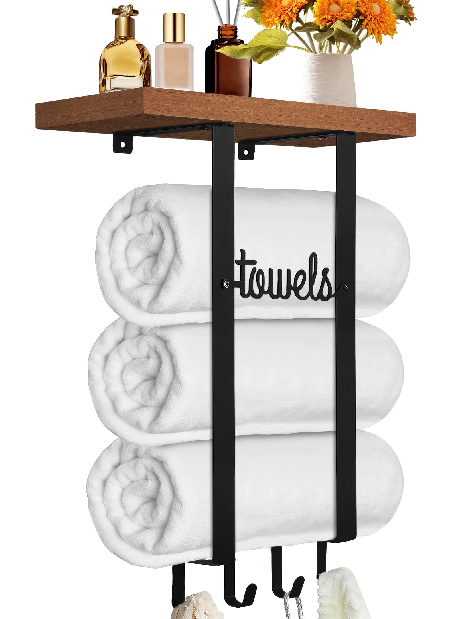 Wooden Shelf Towel Holder with 4 Hooks for Narrow Bathrooms