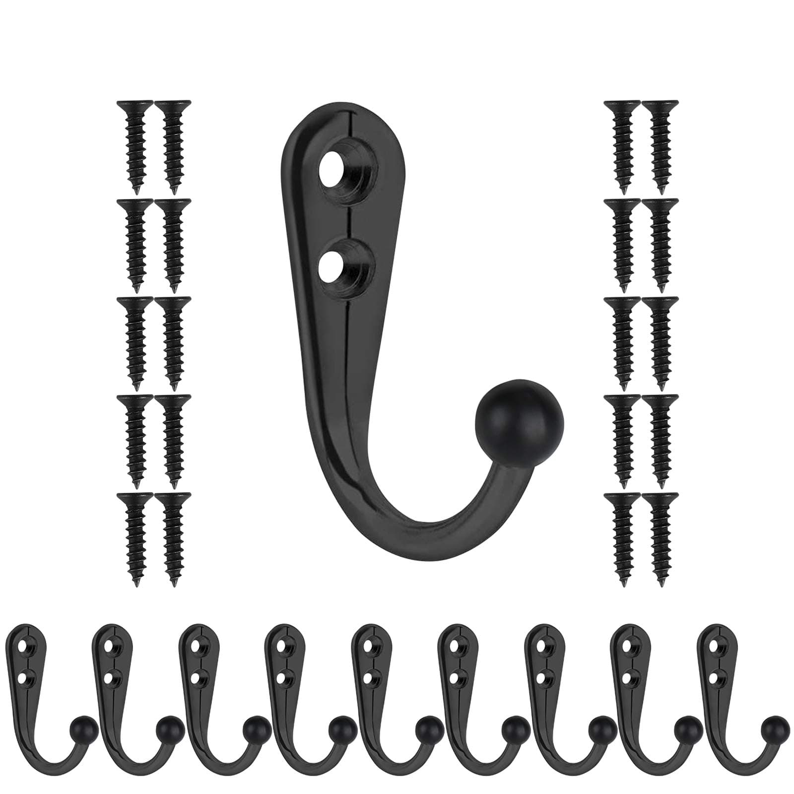 Premium Black 10 PCS Wall Mounted Coat Hooks, Heavy Duty Metal for Coats, Towels, Keys, Bags, Backpack Hanger (20 Screws
