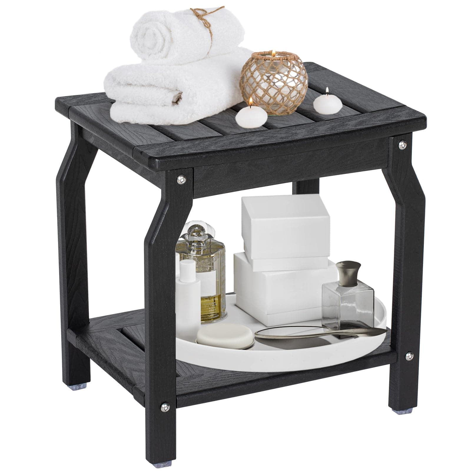 Ergonomic Black HDPE Shower Bench with Storage, Non-Slip Pads for Seniors & Adults