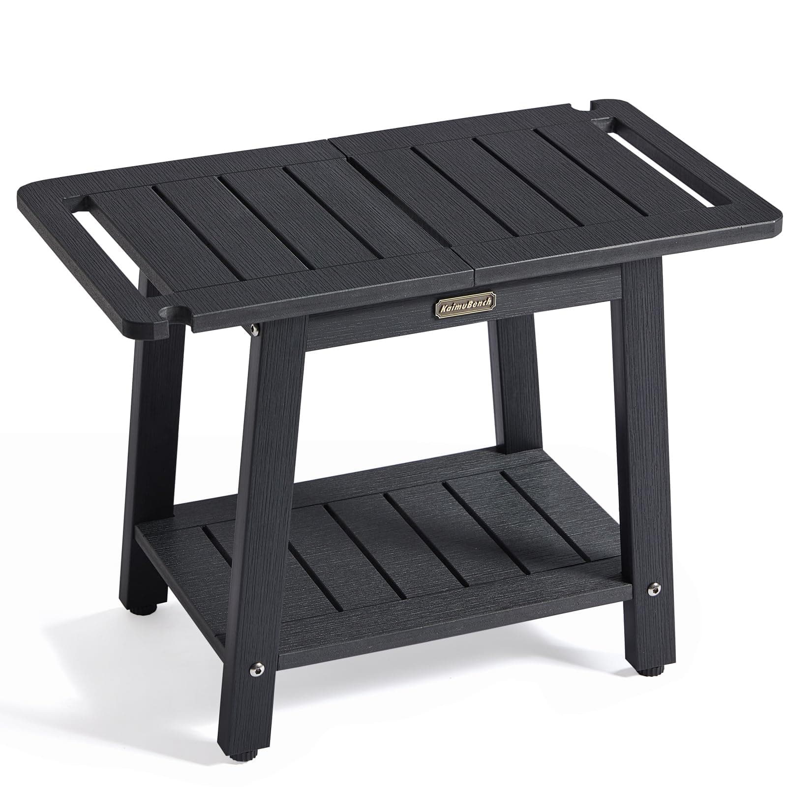 HDPS Waterproof Shower Bench Seat with Handles & Holder, Black Non-Slip Foot Rest