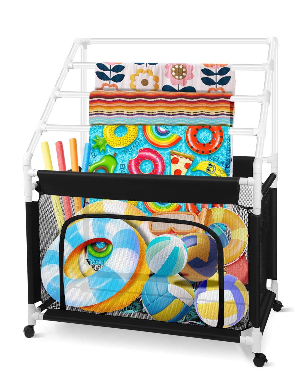 Hutigertech 4 Tier Moveable Poolside Towel Rack with Net and Wheels