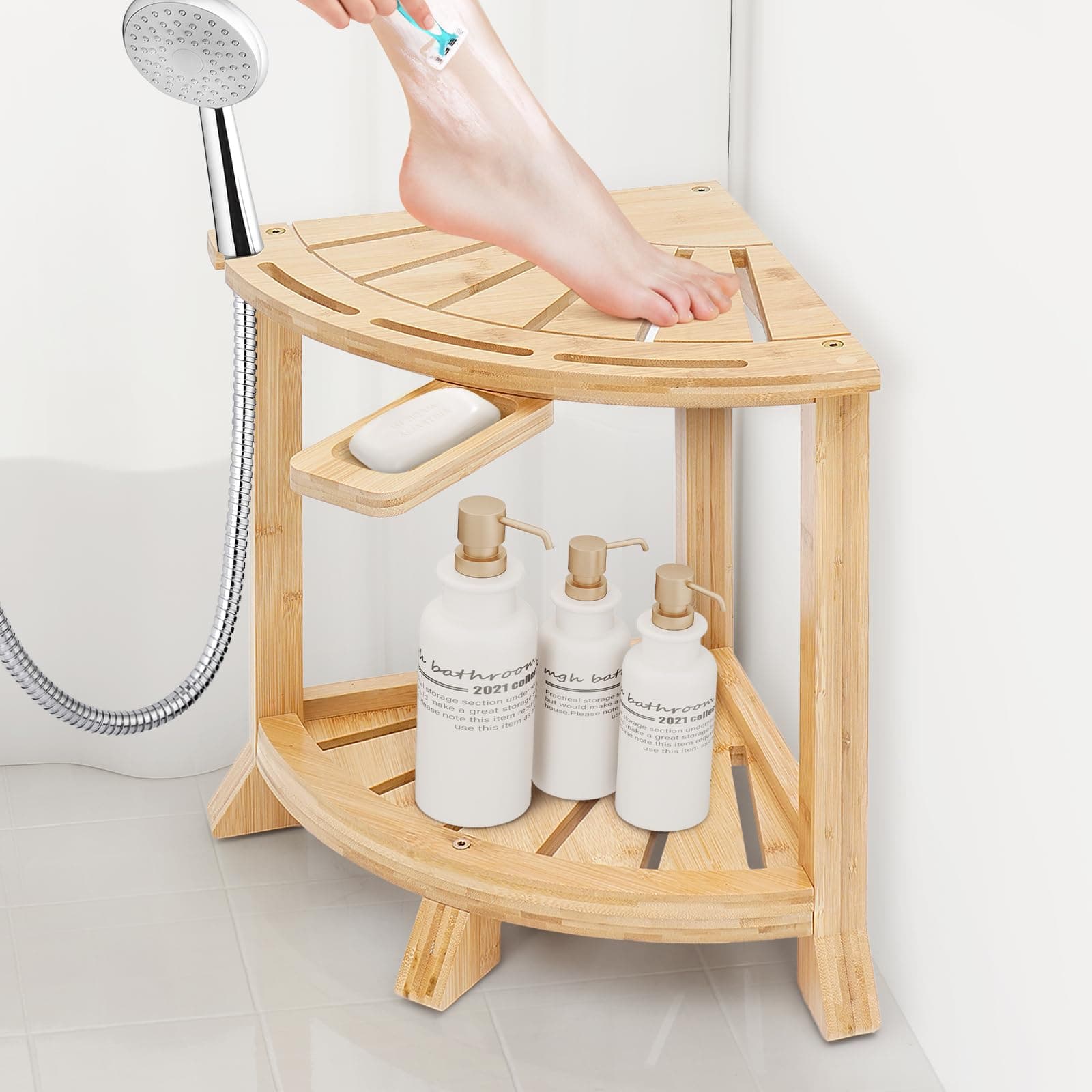 Bamboo Shower Bench with Storage, Non-Slip Waterproof Seat for Elderly, Shavingecess, 18 Inches