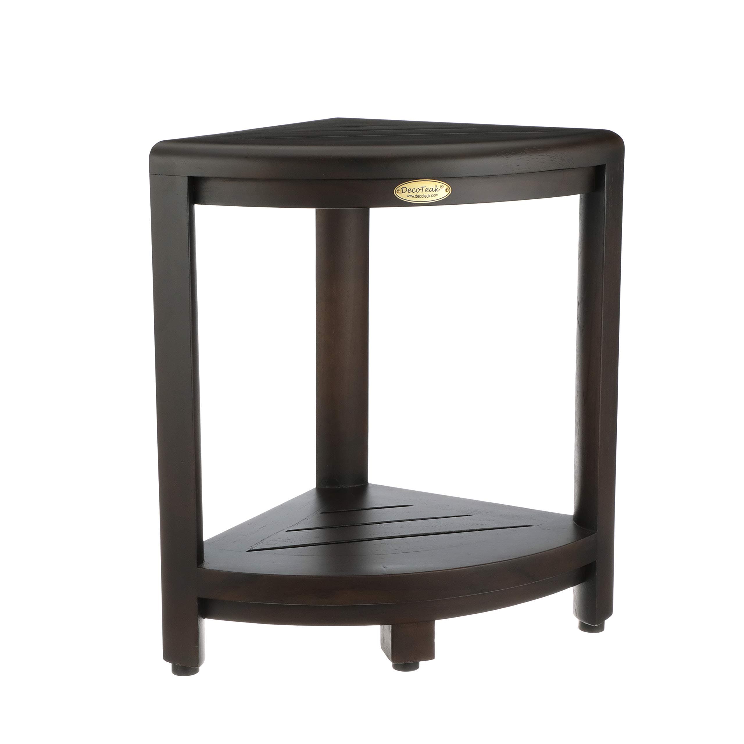 EcoDecors Corner Shower Stool & Storage Shelf, Teak Wood Leg Shaving Aid in Woodland Brown
