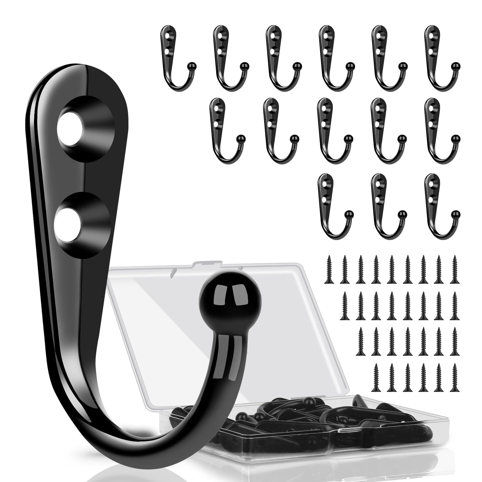 Black Metal Wall Hooks - 15pcs, Support Coats, Scarves, Keys - Includes 30 Screws