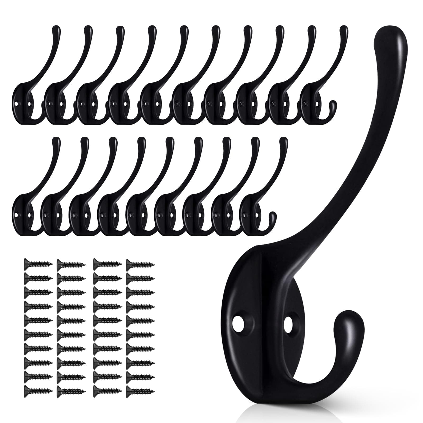 20-Pc Heavy Duty Metal Wall Hooks for Coats, Towels, Hats, and Keys (Black)