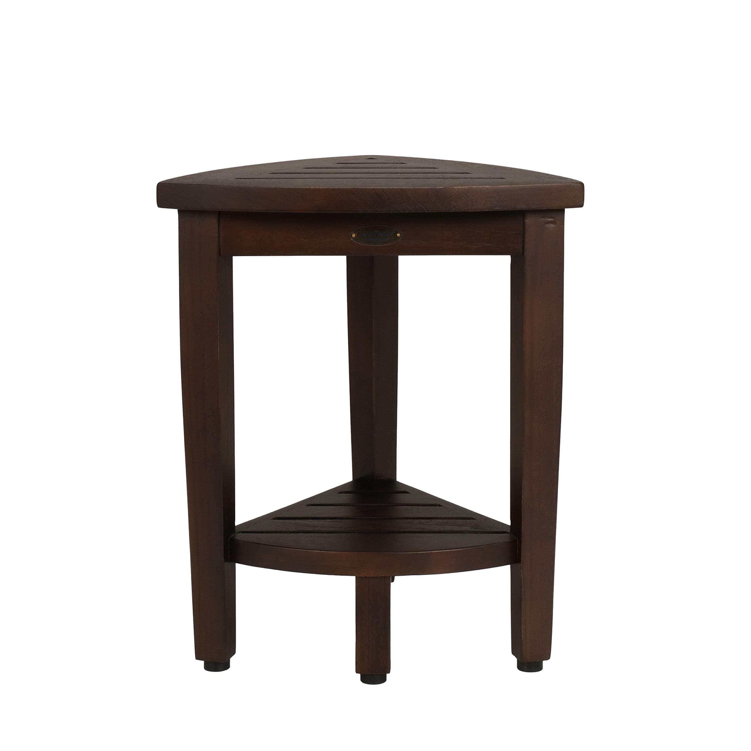 Decoteak Snazzy Corner Brown Teak Wood Shower Bench Stool with Storage Shelf