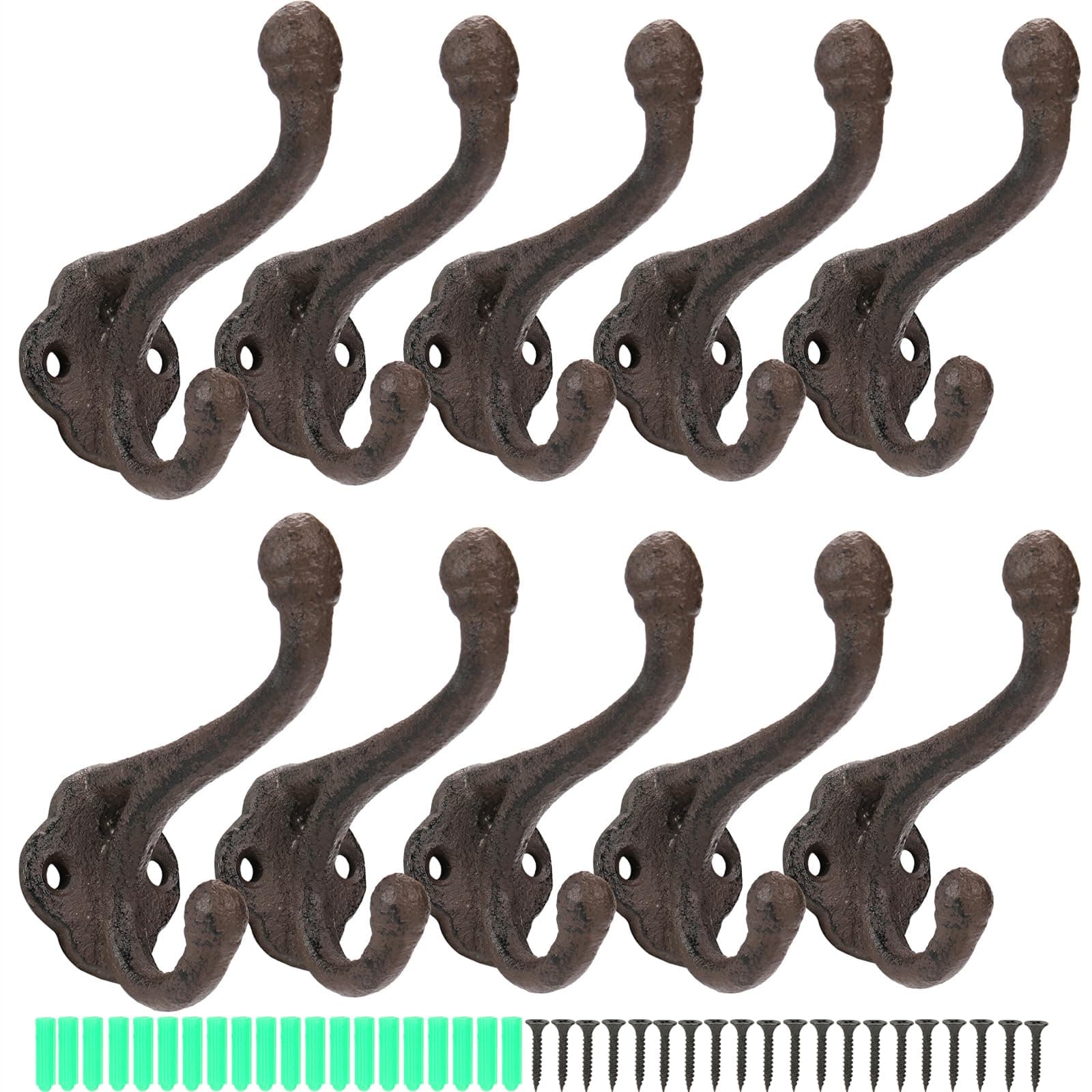 10 Pack Peohud Rustic Cast Iron Coat Hooks, Heavy Duty Wall Mounted Hangers