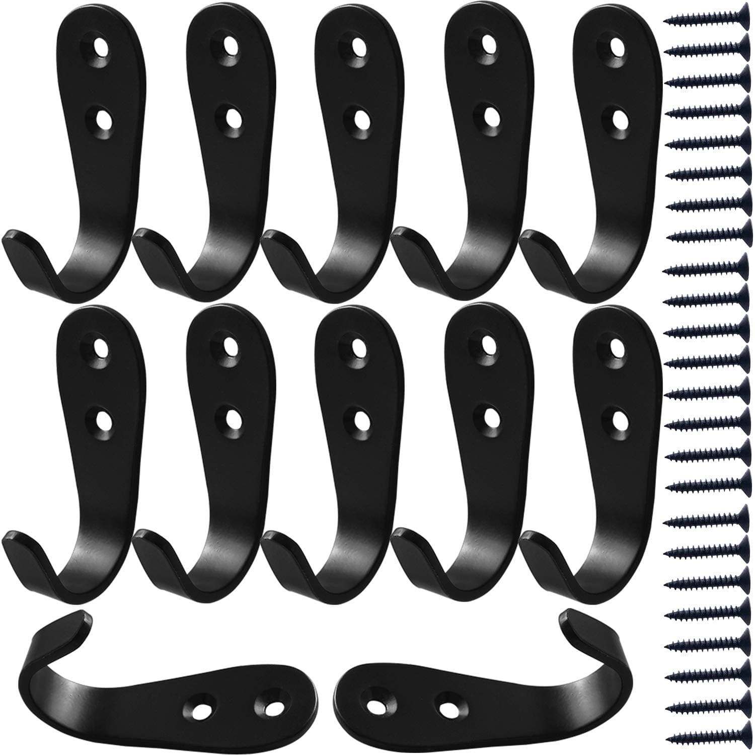 MsBong 12-Piece Black Coat Hooks, Heavy-Duty No-Rust Wall Mount for Coats, Keys, Towels, Bags