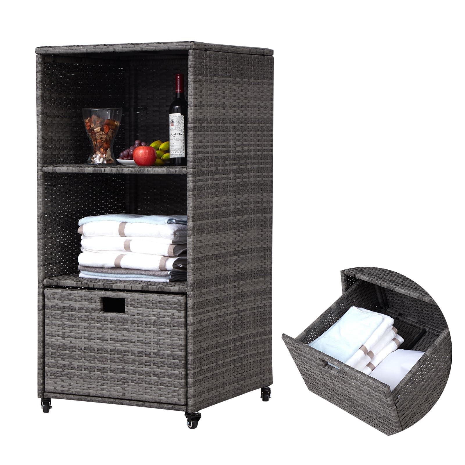 Kinfant Waterproof PE Rattan Towel Rack with Rolling Wheels, 2 Shelves, 1 Drawer, for Pool Patio