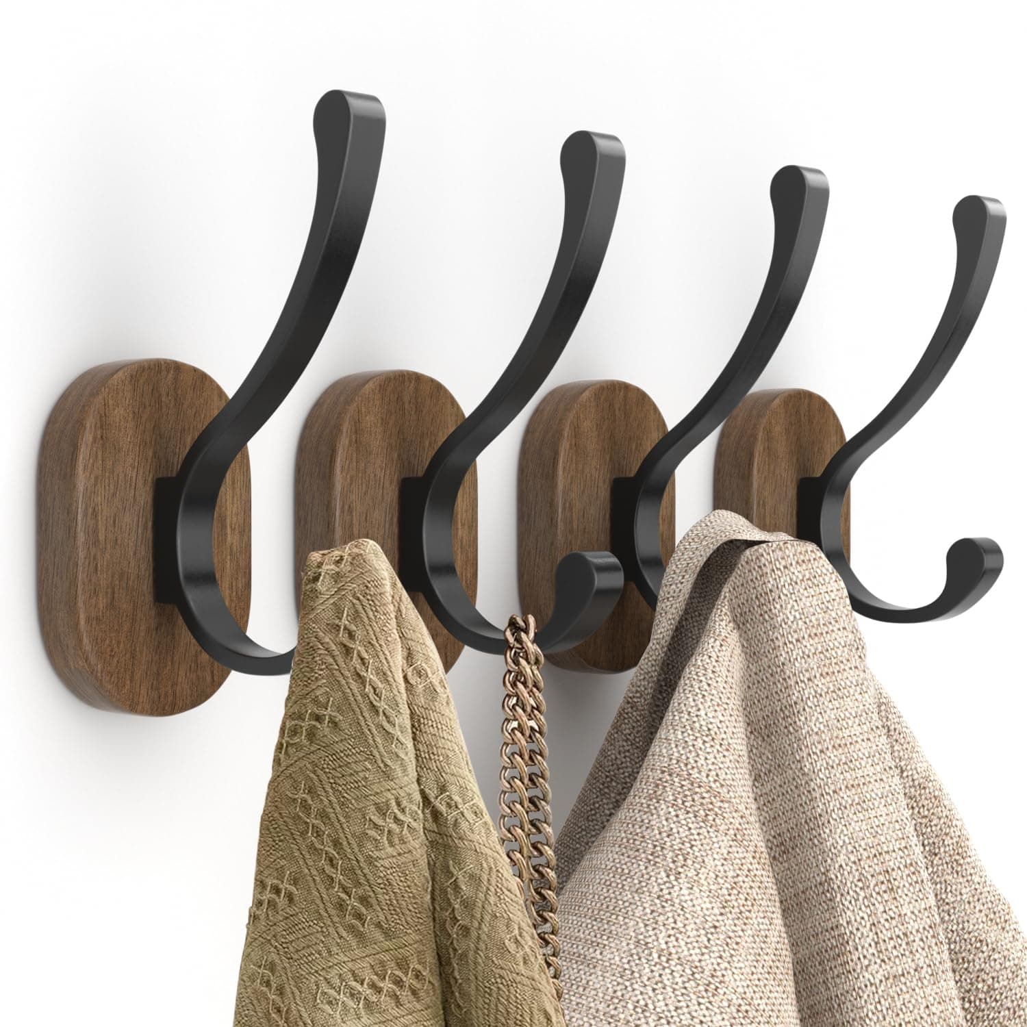 4 Pack Wood Wall Hooks for Coats, Hats, Keys & Towels