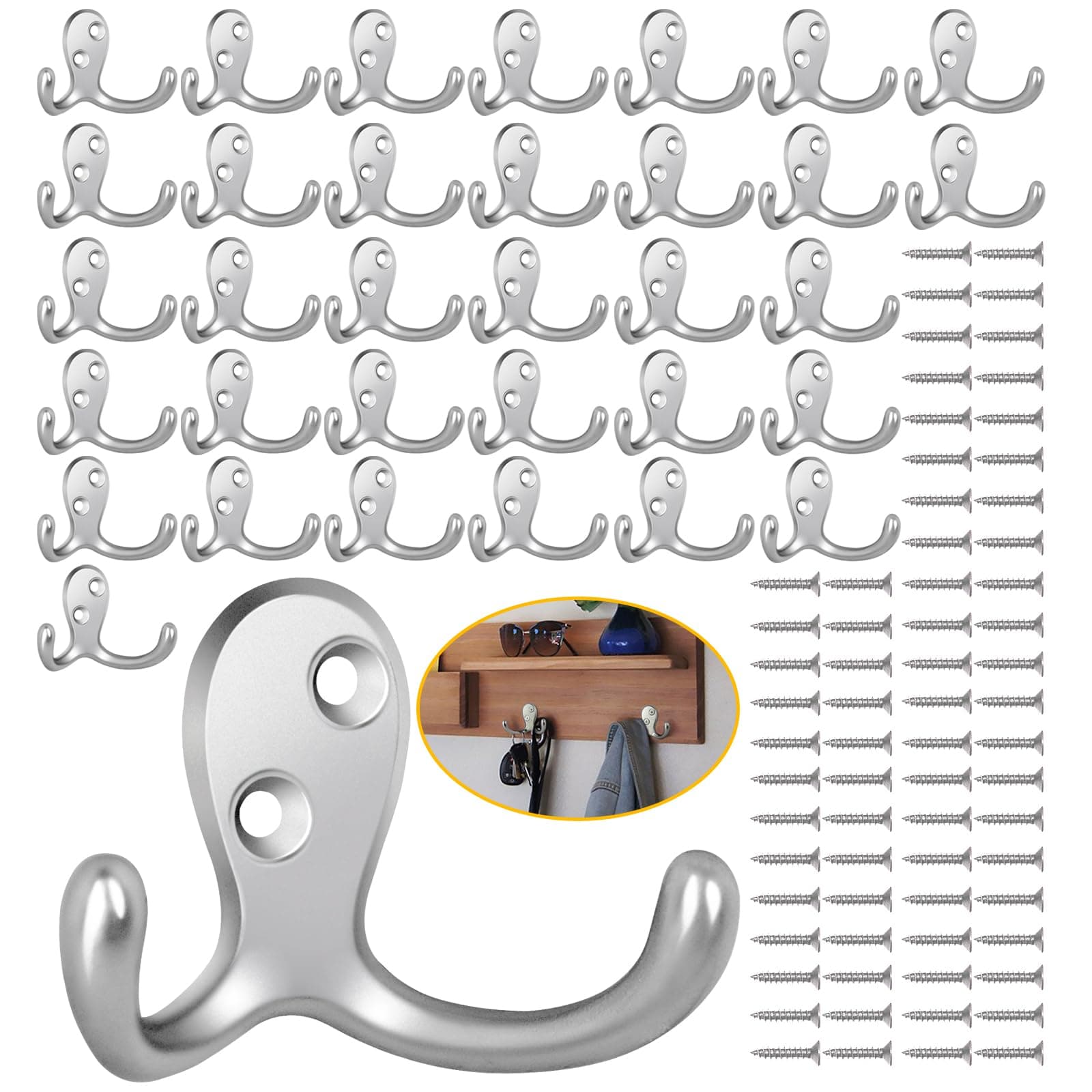 Heavy Duty 34 Pack Silvery Metal Coat Hooks with 68 Screws