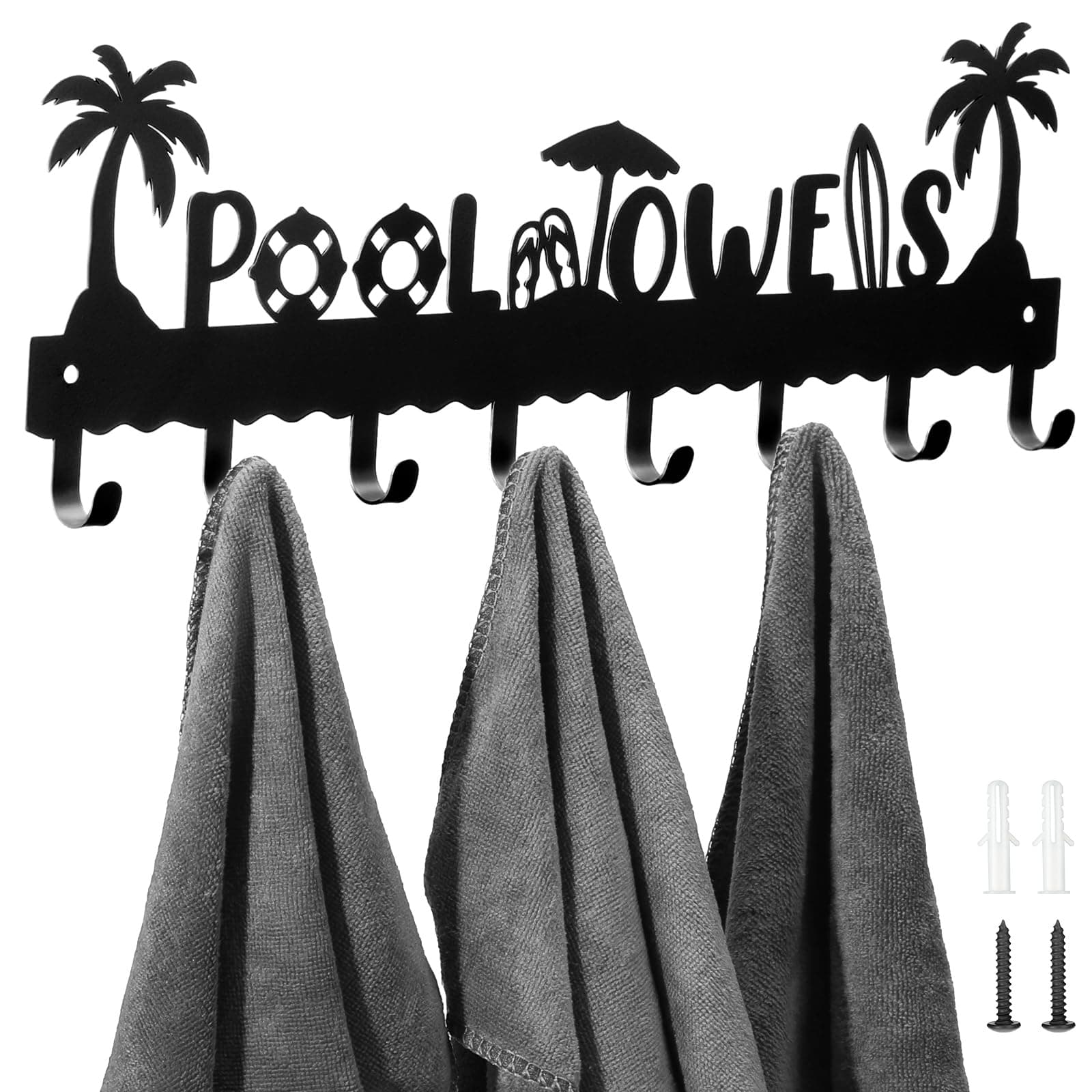 Black Metal Wall Hook Rack with 8 Hooks for Pool Towels and More