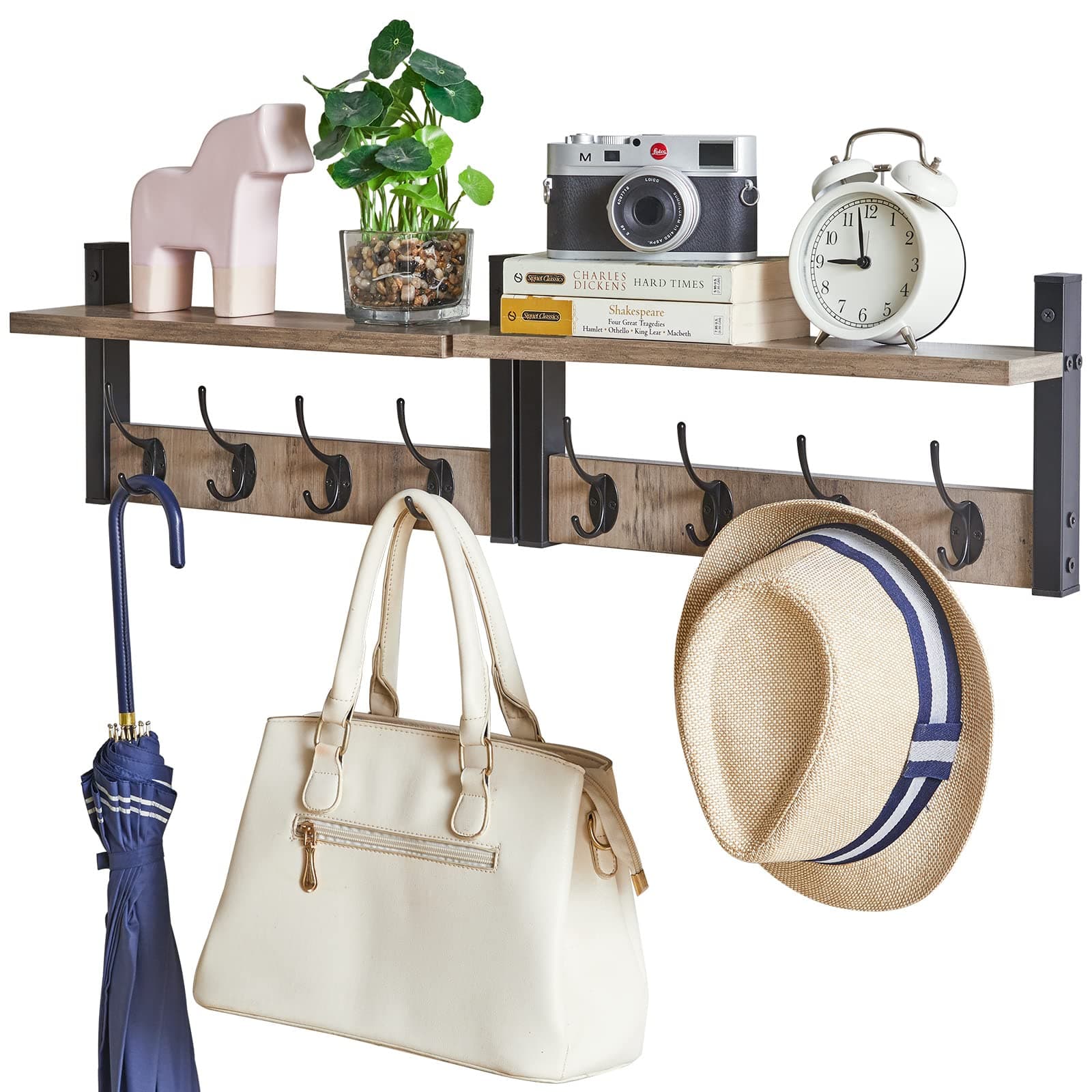 Silver Gray Wall Mounted Coat Rack Shelf with 8 Hooks UHWS001Y-2