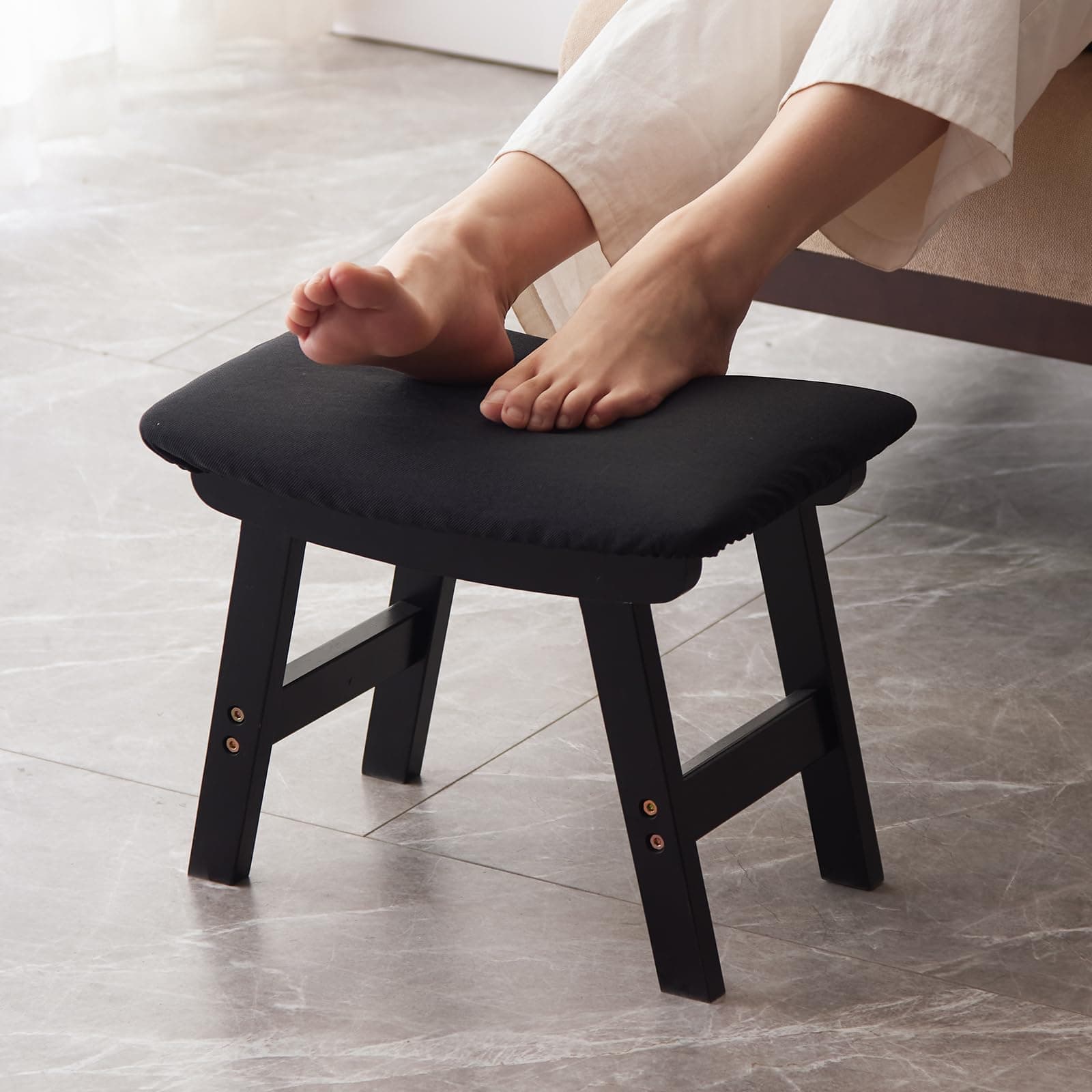 Bamboo Desk Foot Stool, Black Legs & Surface - Extra Seating