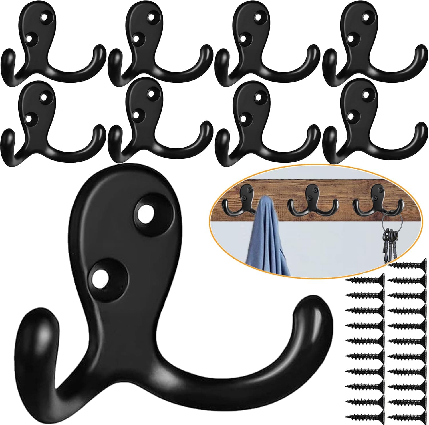 10-Pcs Heavy Duty Black Wall Hooks for Coats, Robes, Keys, Towels, and More