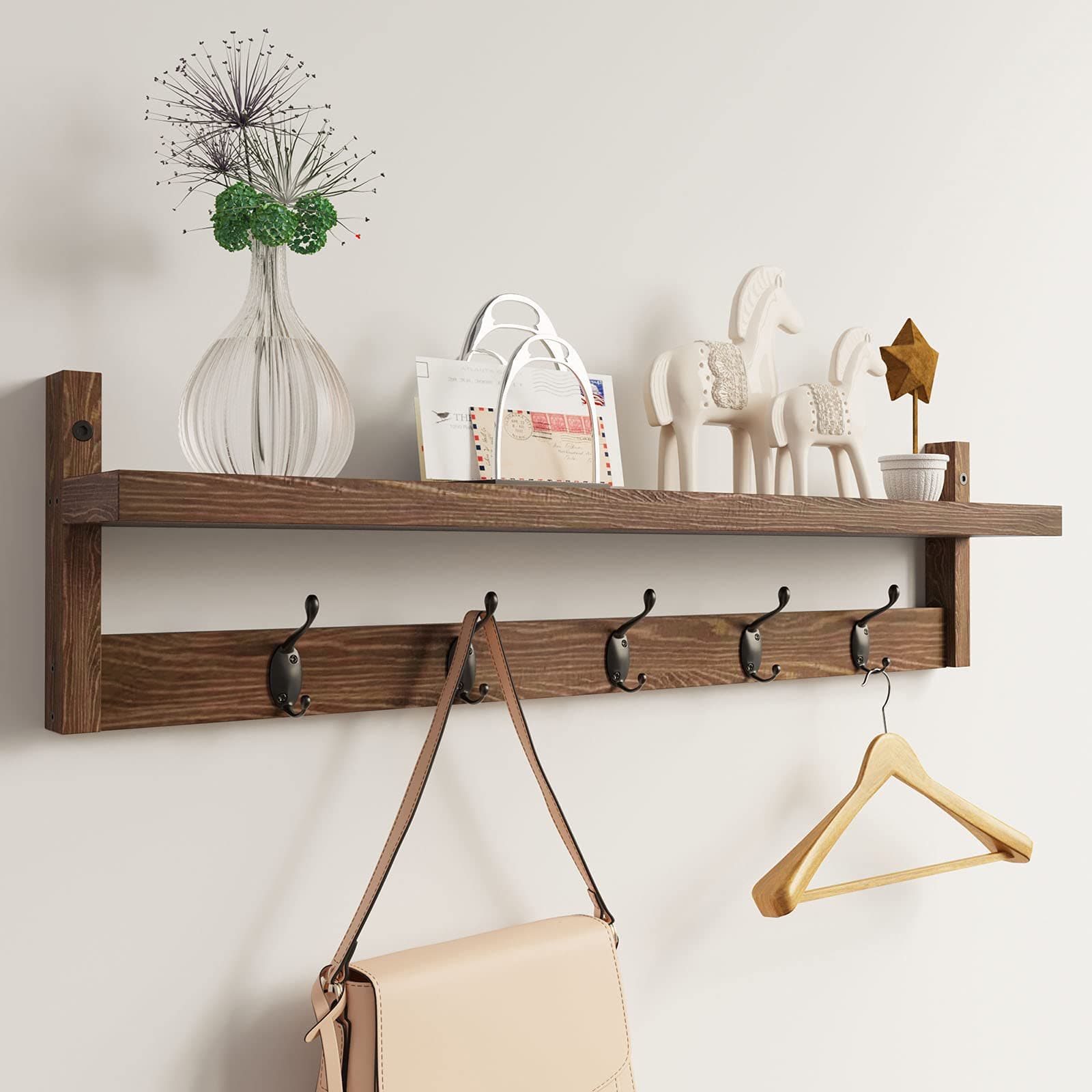 Ambird Brown Wall-Mounted Coat Rack with 5 Hooks and Shelf