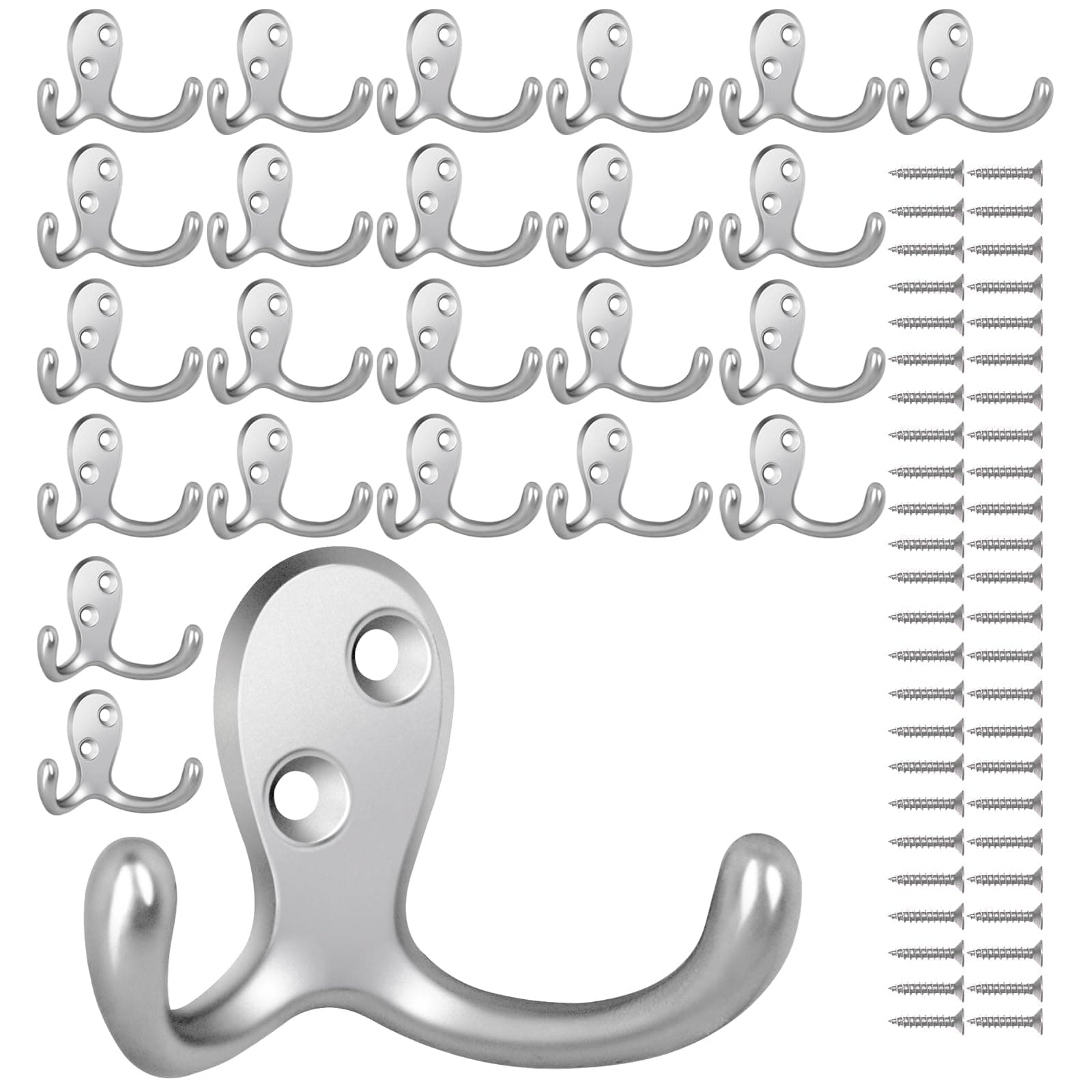 Heavy Duty 24 Pack Double Prong Coat Hooks, Silvery Metal Wall Mount, No Rust