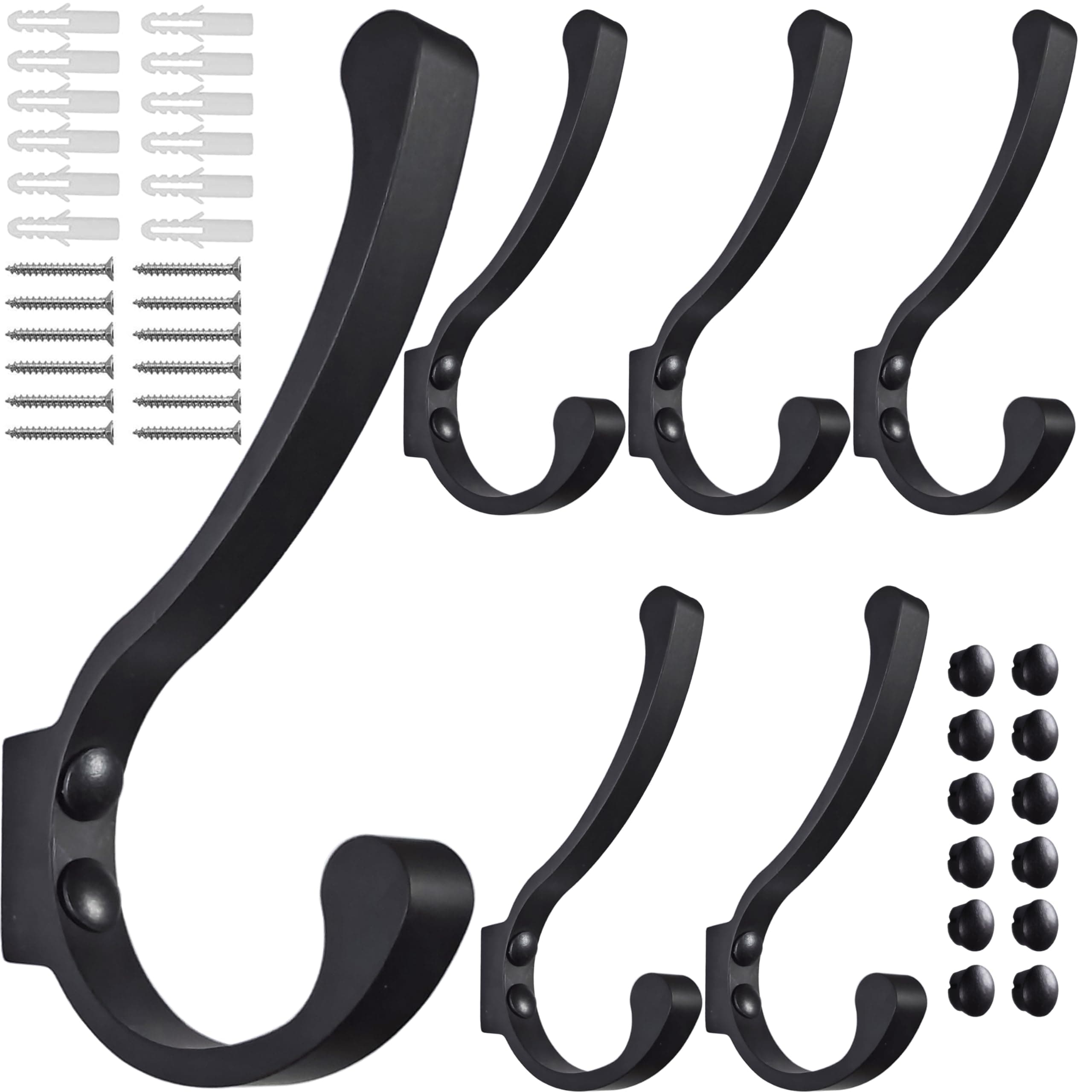 Heavy Duty Black Wall Hooks for Coats, Scarves, Bags, Towels (6 Pack)