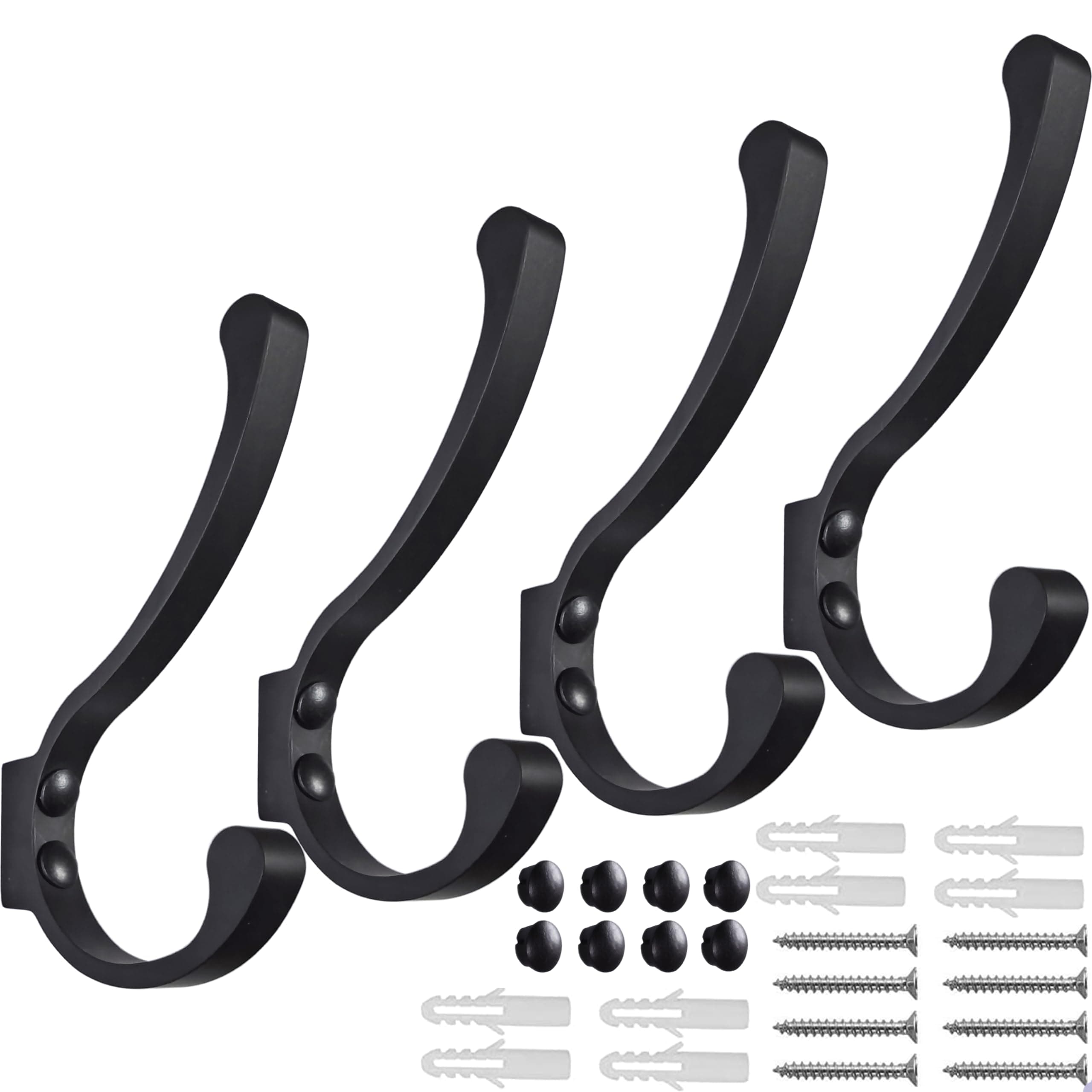 Heavy Duty Black Wall Hooks, 4 Pack for Coats, Scarves, Bags, Towels, Keys, Caps, Cups, Hats