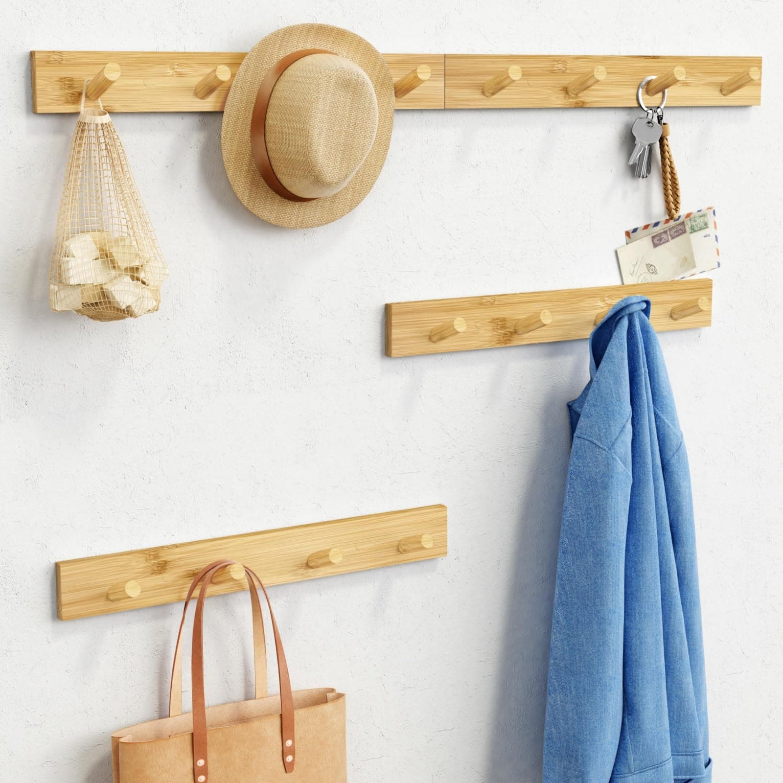 Forbena Natural Wood Coat Rack, 16 Hooks, Wall Mount Set - Kids & Girls Room