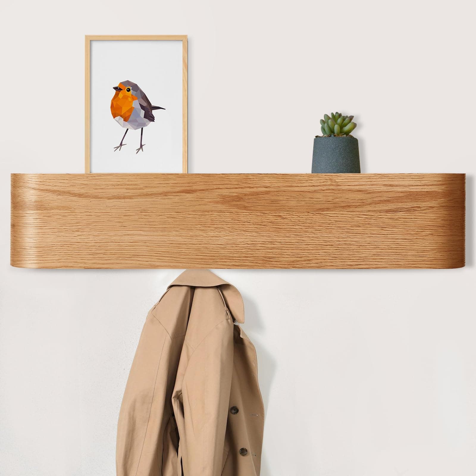 Oak Wall Mount Coat Rack with Shelf, 19.9 Inch Entryway Organizer