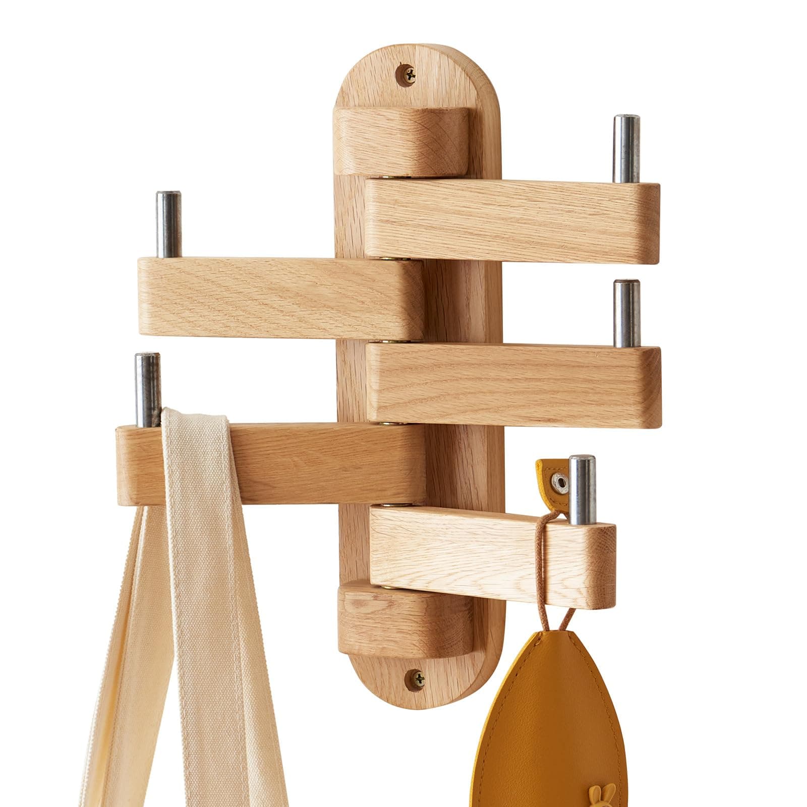 Natural Oak Swivel Coat Rack with 5 Arms for Wall (12") Kitchen Bedroom Bathroom