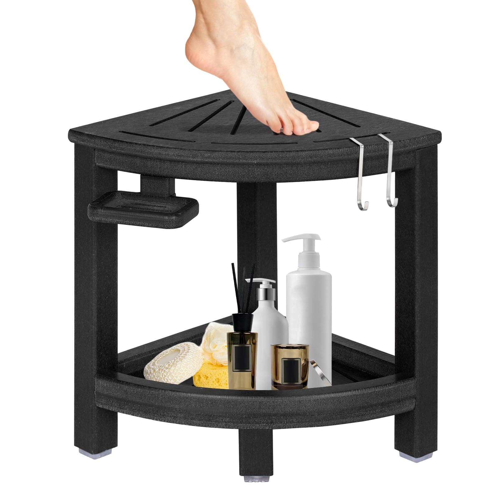 HDPE Leg Shaving Shower Stool with Hooks & Dish (Black)