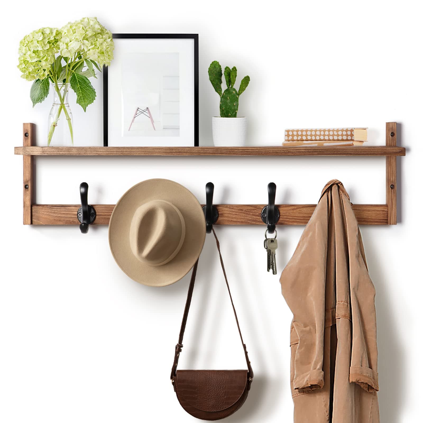 Tatub 29'' Rustic Brown Coat Rack with 5 Hooks & Shelf