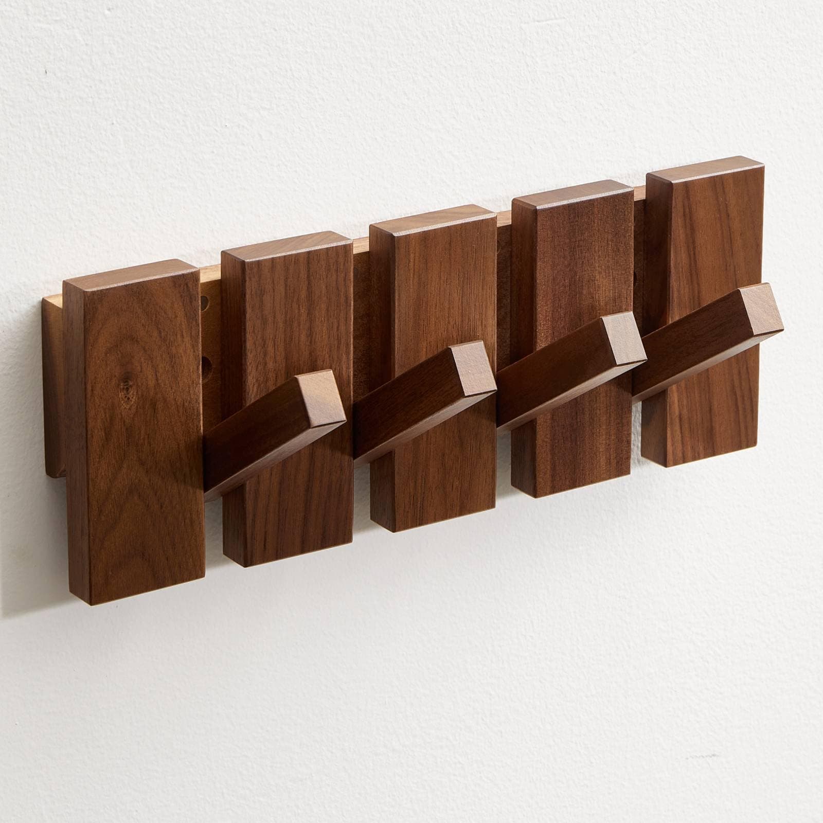 Modern Walnut Wood Coat Rack, Wall Mount 4 Hooks, Space-Saving Entryway Organizer