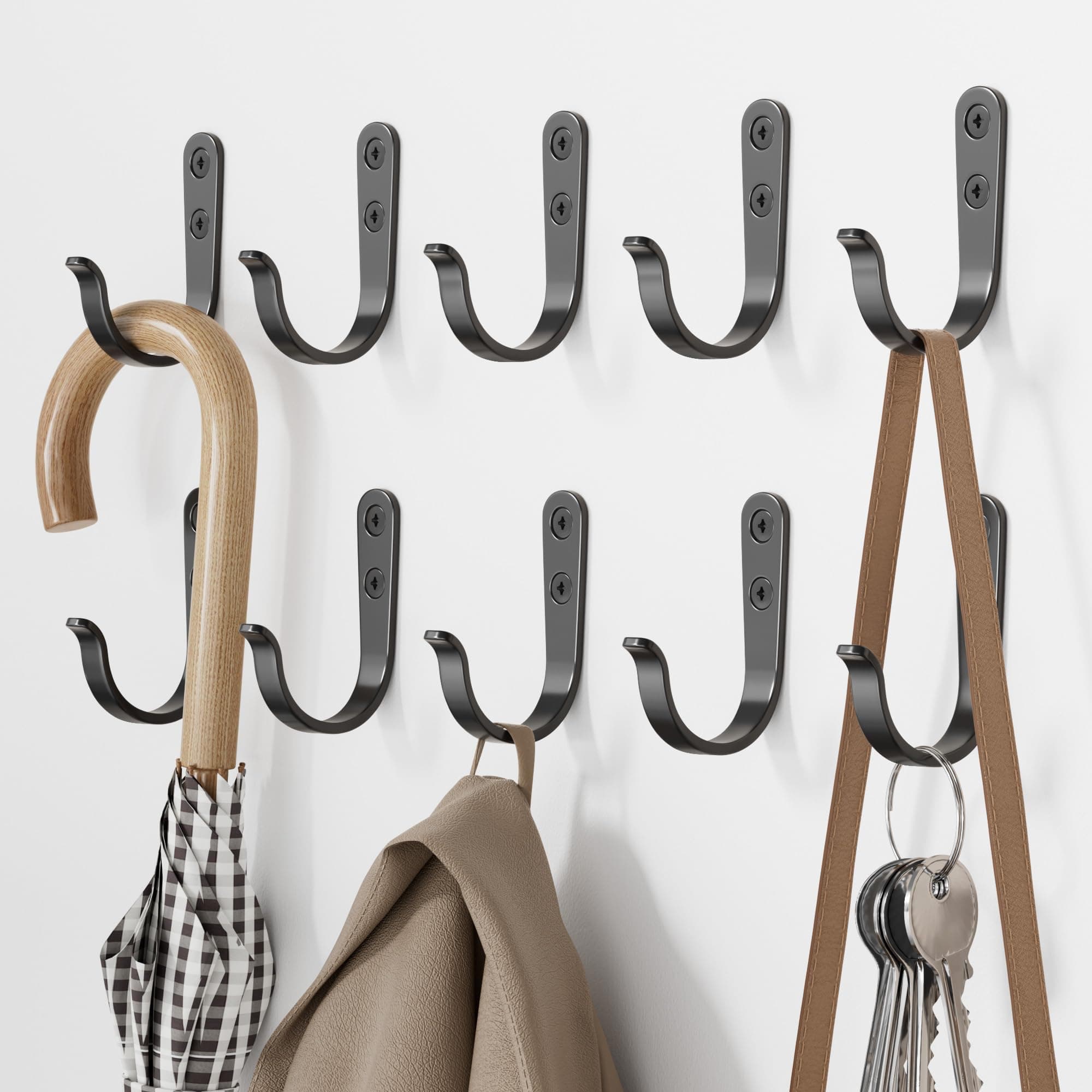 Black Metal Wall Hooks - 10 Pack for Bathroom, Kitchen, Closet & Garage
