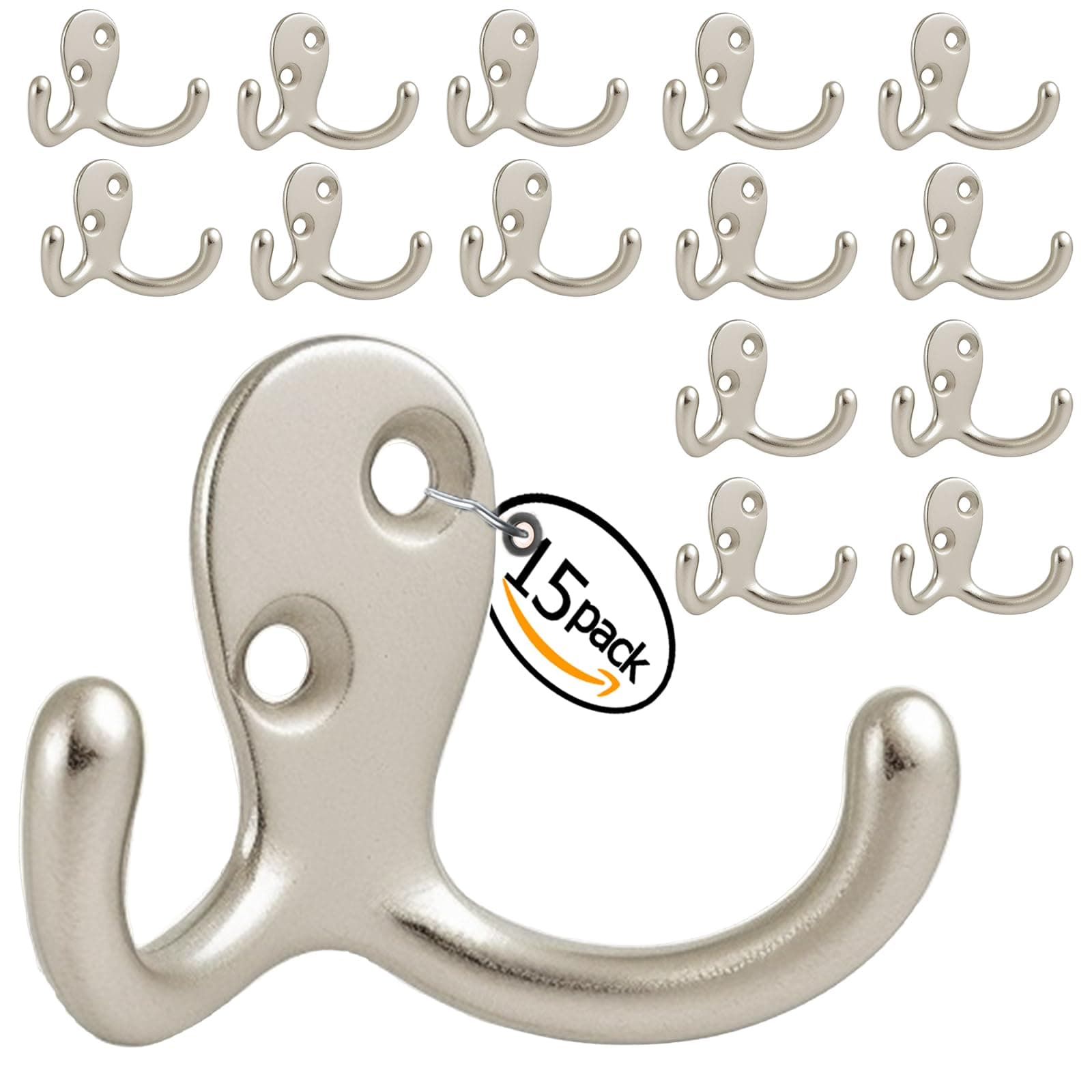 Silver Double Prong Coat Hooks - 15 Pack, Wall Mounted, Heavy-Duty