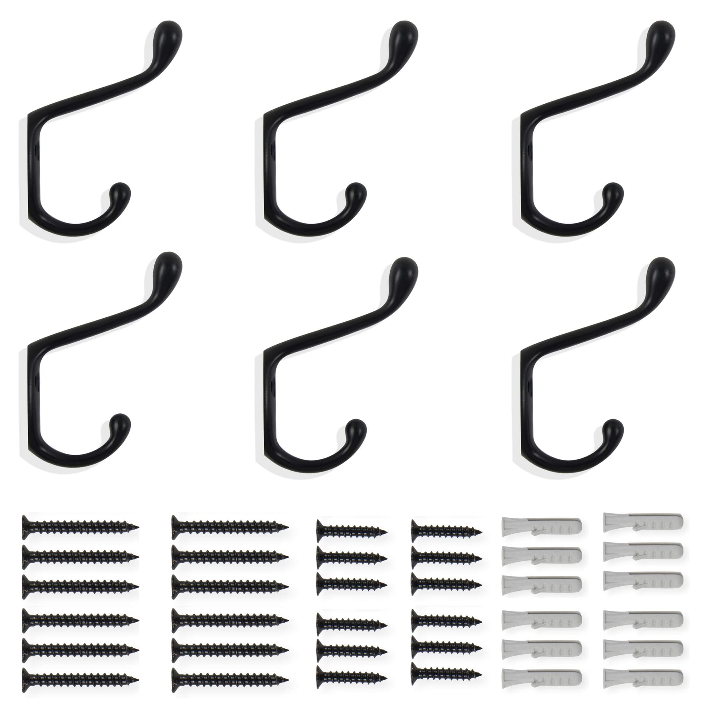 Brightmaison 6-Pack Heavy Duty 3.5" Dual Hooks Black Wall Mount Utility Coats, Scarves, Bagsitting
