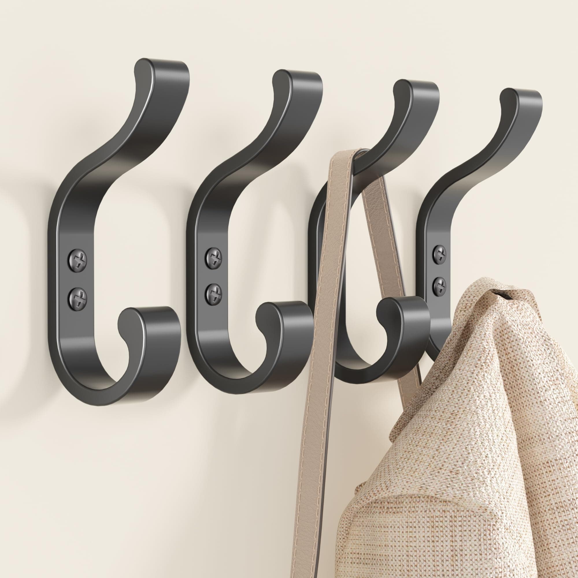 Black Wall-Mount Coat Hanger, 4 Pack - Hold 30 Lb, Heavy Duty Coat Hooks