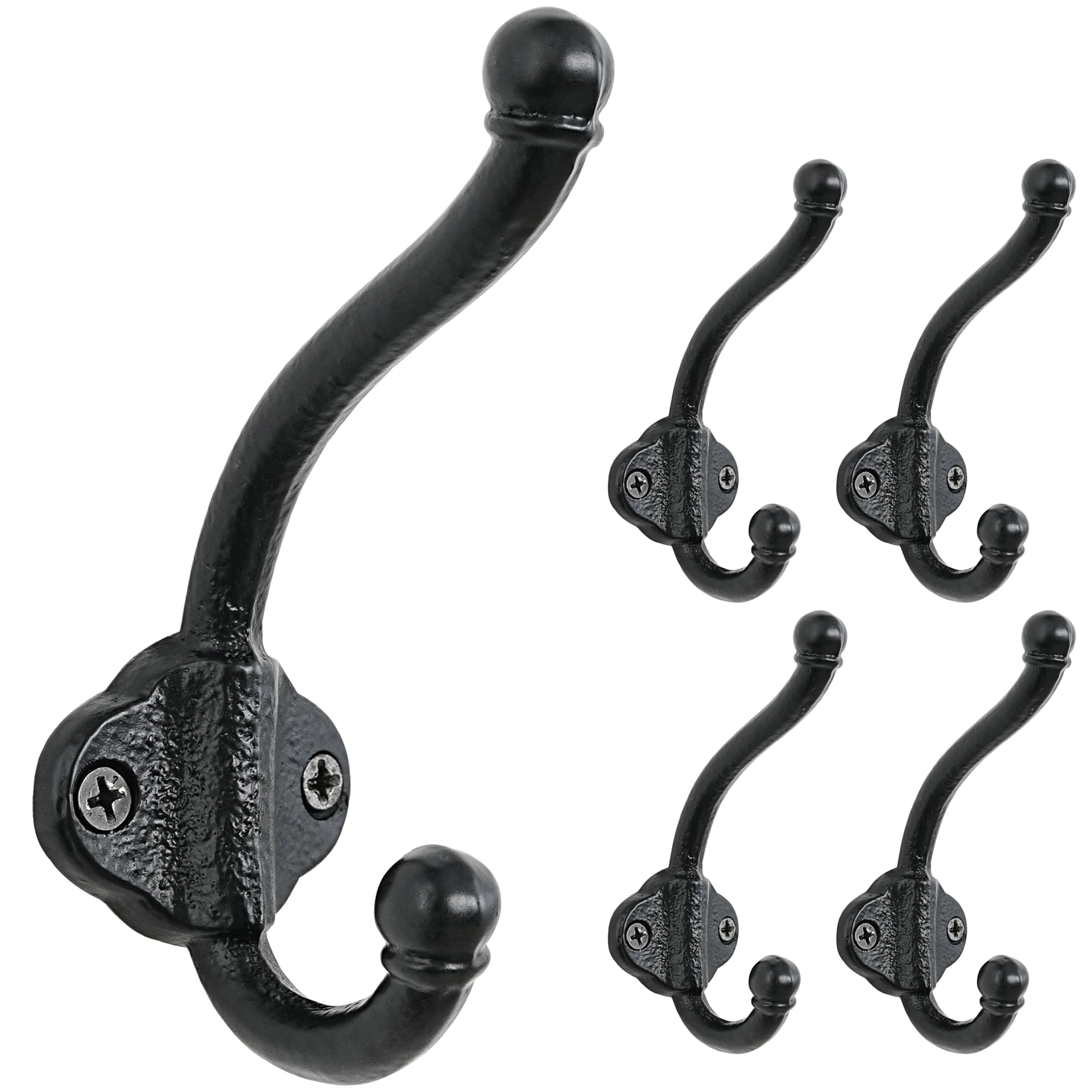 Vintage Bold Antique Black Cast Iron Wall Hooks, Heavy Duty, Pack of 5