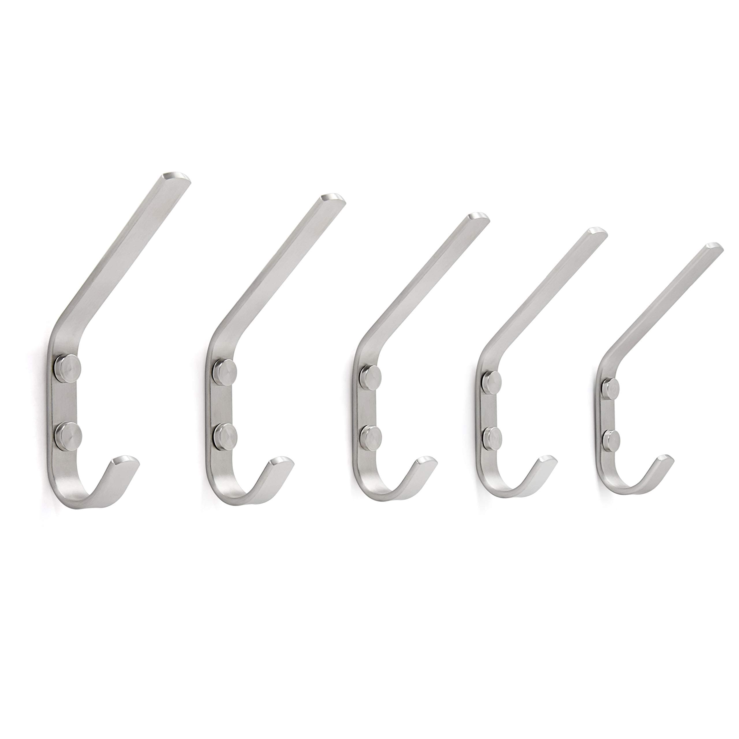 Stainless Steel Dual Wall Hook Rack - Double Prong Coat Hooks, 5 Packs