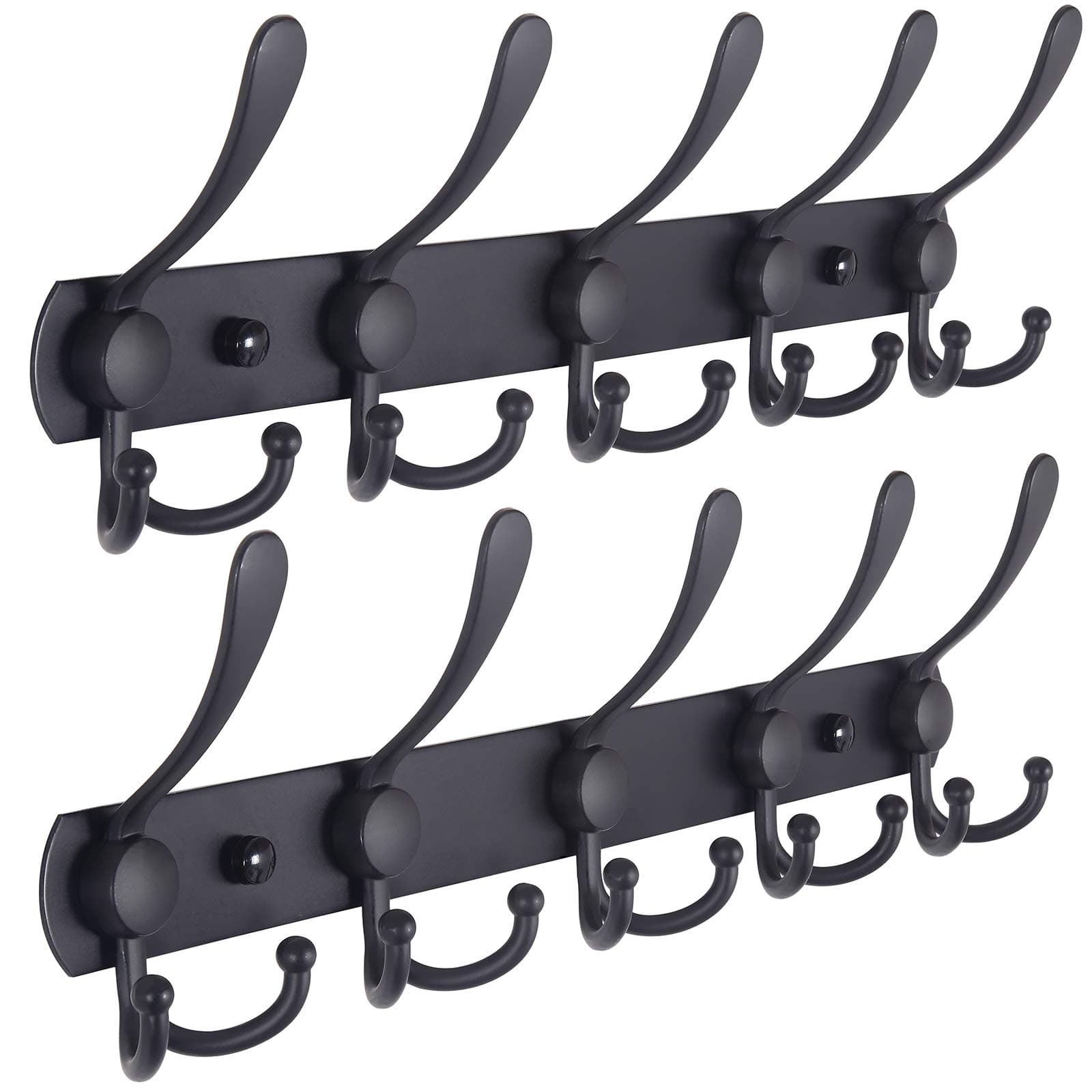 Dseap Wall-Mounted Coat Rack - 5 Heavy-Duty Stainless Steel Hooks (Black, 2-Pack)