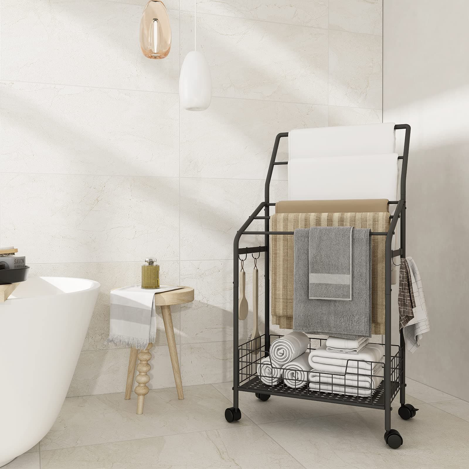 5-Tier Metal Towel Rack with Hooks & Lockable Wheels for Bathroom and Living Room