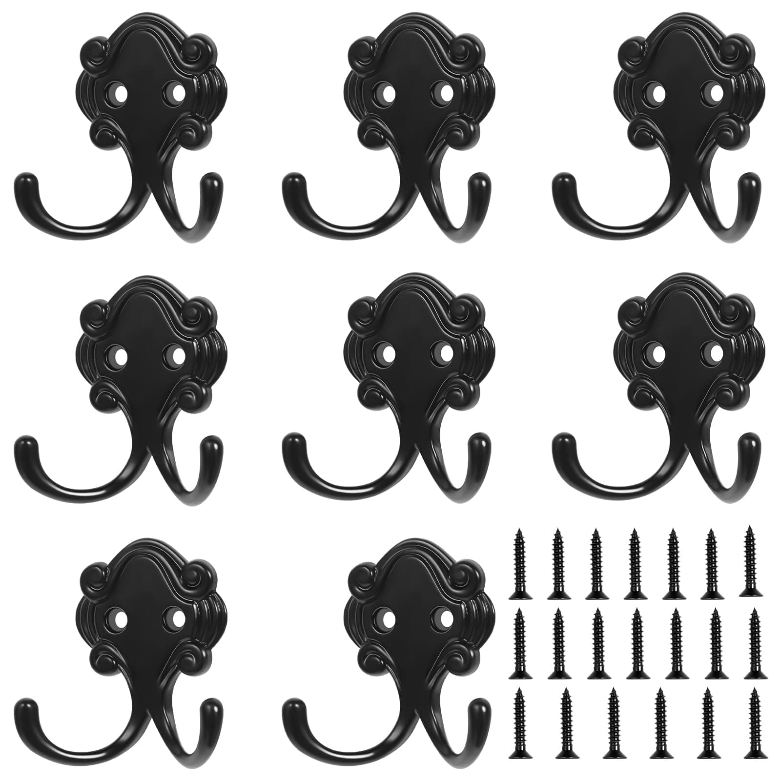 Heavy Duty Black Metal 8 Pack Coat Hooks for Wall Mounting