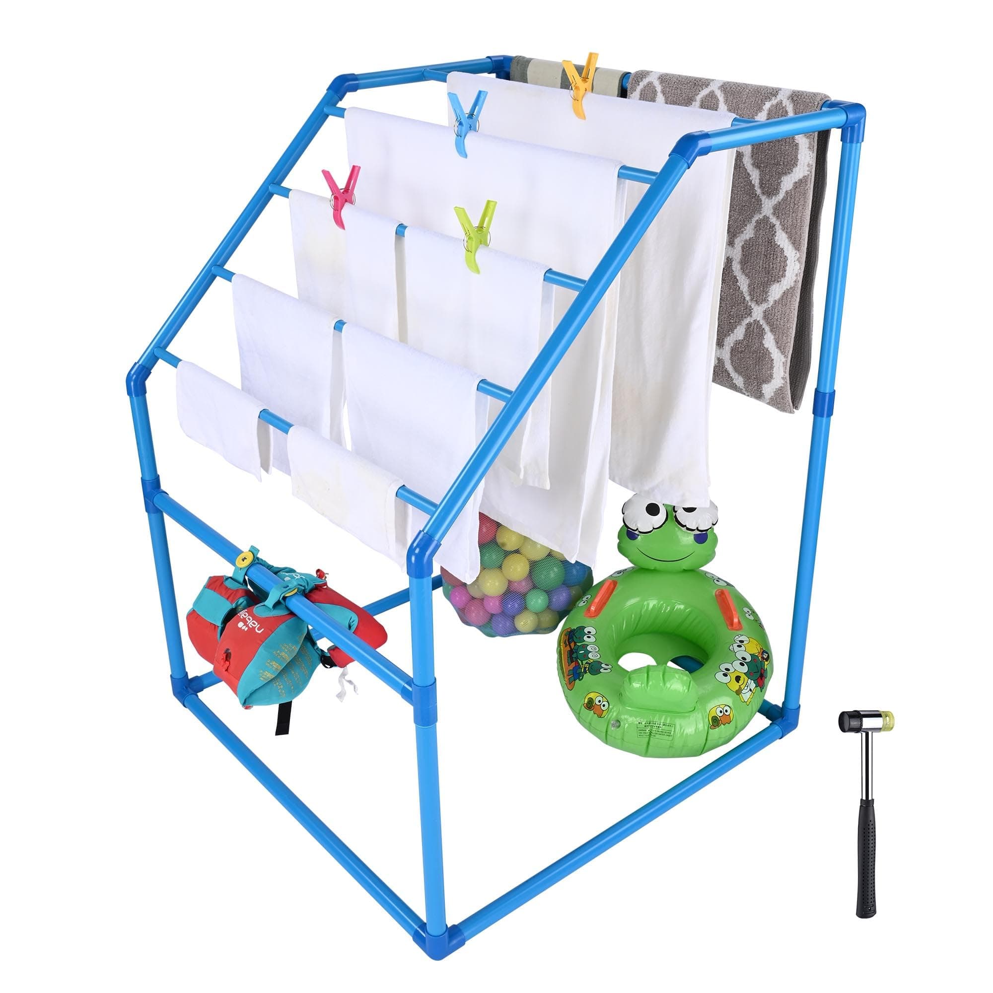 Yescom Blue Outdoor Pool Towel Rack with 7 Bars & 4 Clips