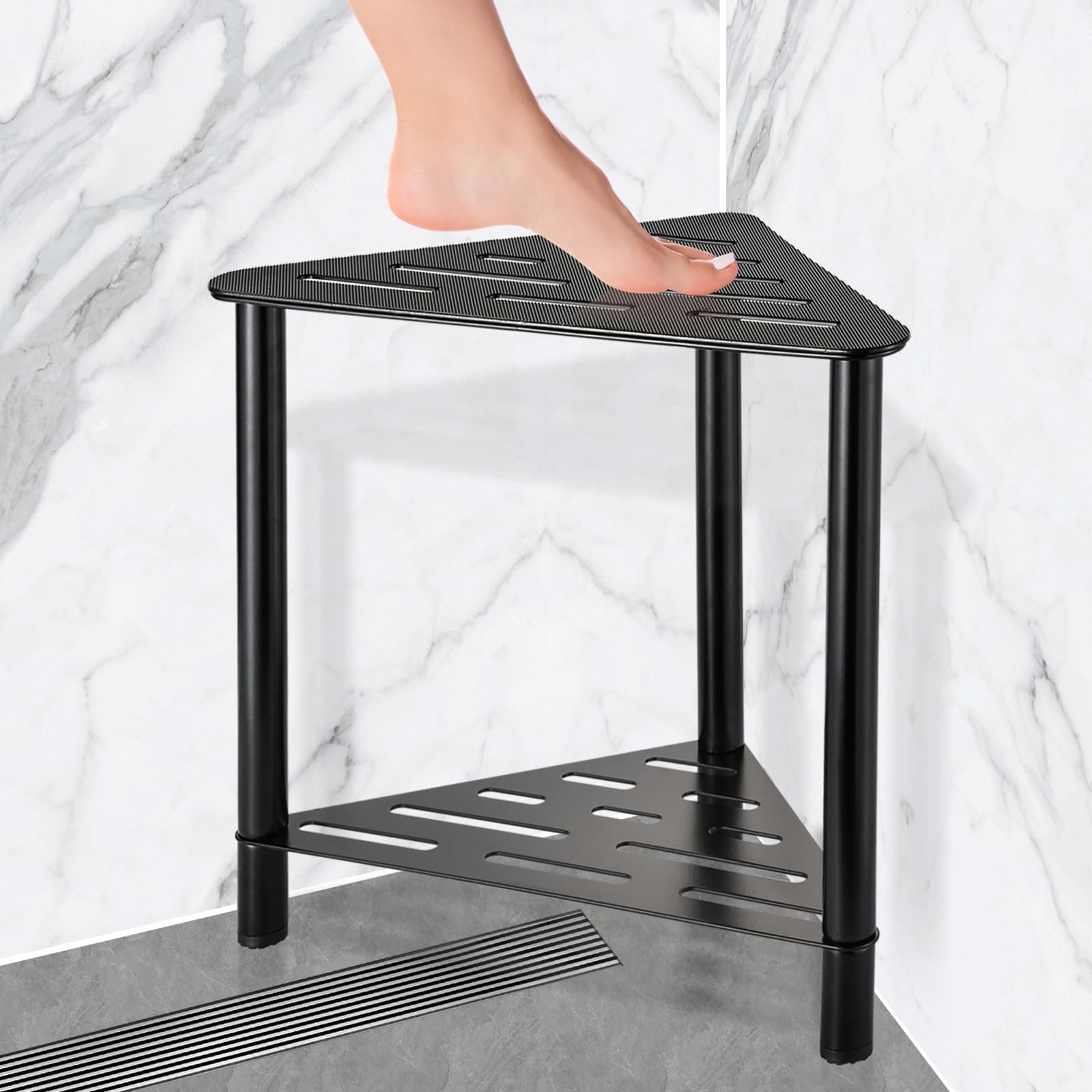 IBosins Corner Shower Stool with Storage Shelf - Compact Bath Bench for Shaving and Sitting in the Shower