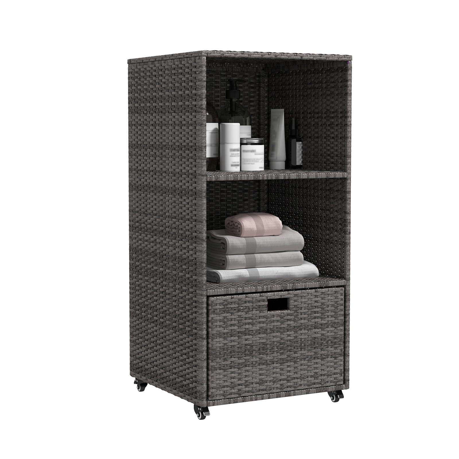 Kinbor PE Rattan Outdoor Pool Towel Storage Cabinet with Shelves & Drawer