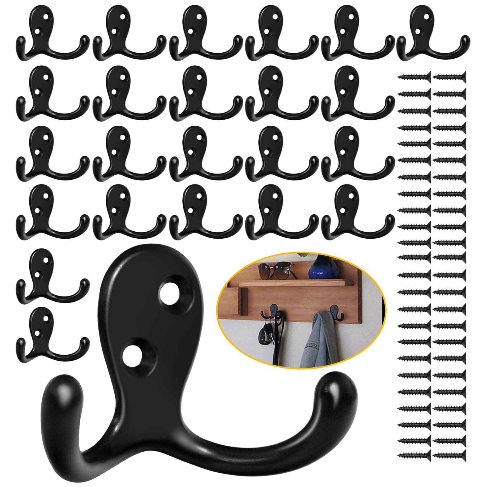 Heavy Duty 24 Pack Double Prong Coat Hooks, No Rust Black Metal Wall Hooks