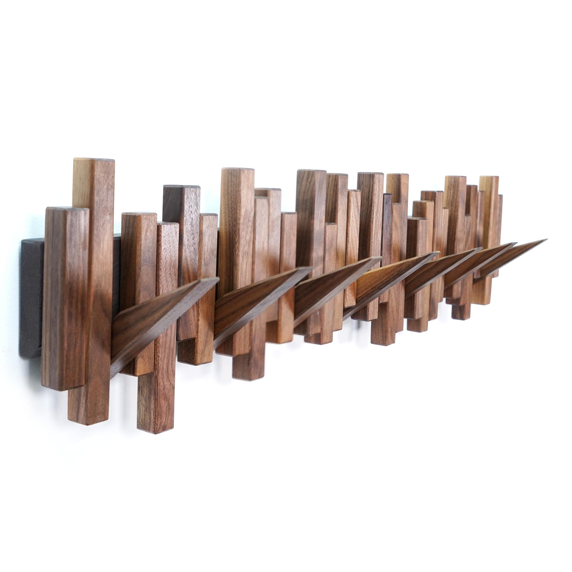 Wooden Wall Mount Coat Rack with 7 Unique Hooks in Natural Walnut