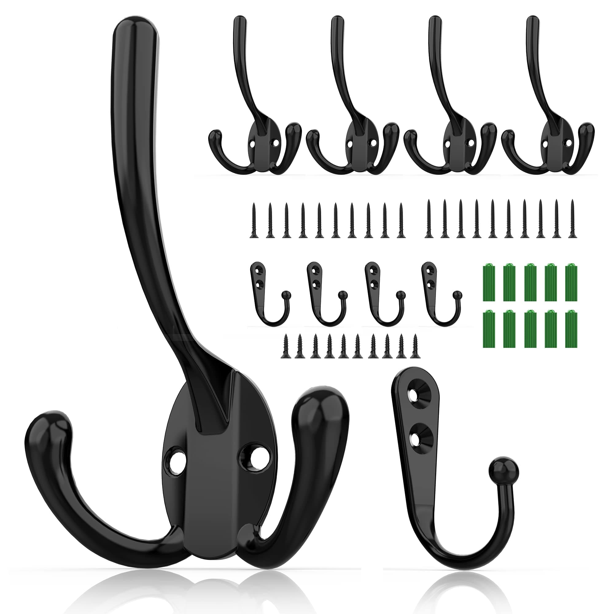 10 Pack Heavy Duty Black Wall Hooks for Mudroom, Backpacks, Robes + 30 Screws