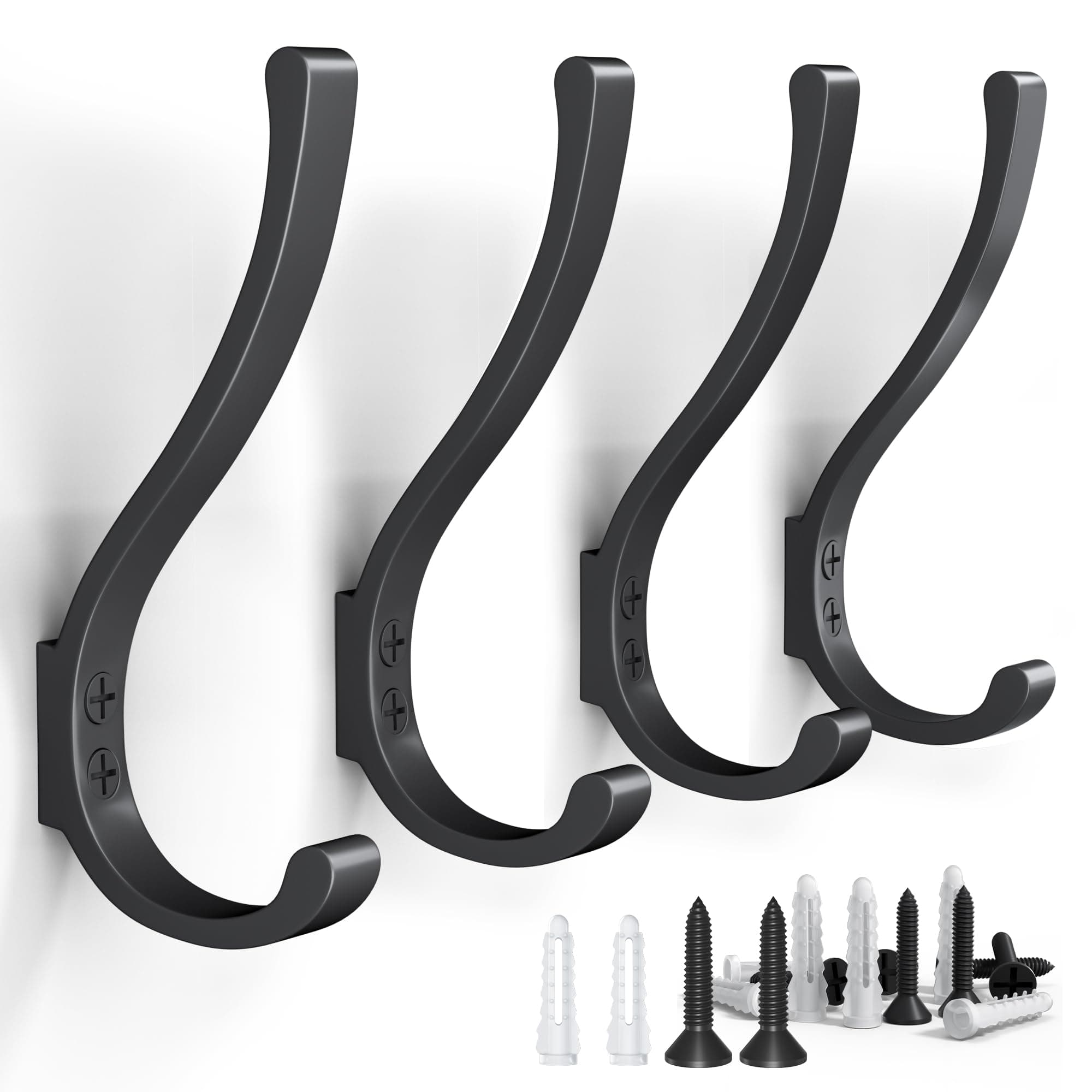 4PCS Large Black Coat Hooks, Wall Mount Heavy Duty, Black Wall Hooks for Bags, Bathroom, Mudroom, Entryway