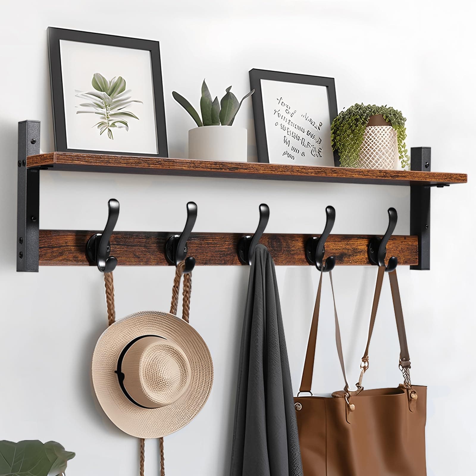 Tatub Rustic 29" Wall Mount Coat Rack with Shelf, Black