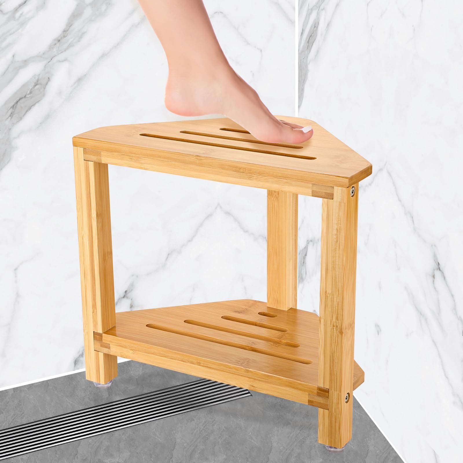 IBosins Corner Shower Stool - Bamboo Wood Shower Bench with Storage for Shaving Legs